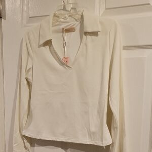 Qinsen Collared Long-Sleeve V-Neck Top in Cream